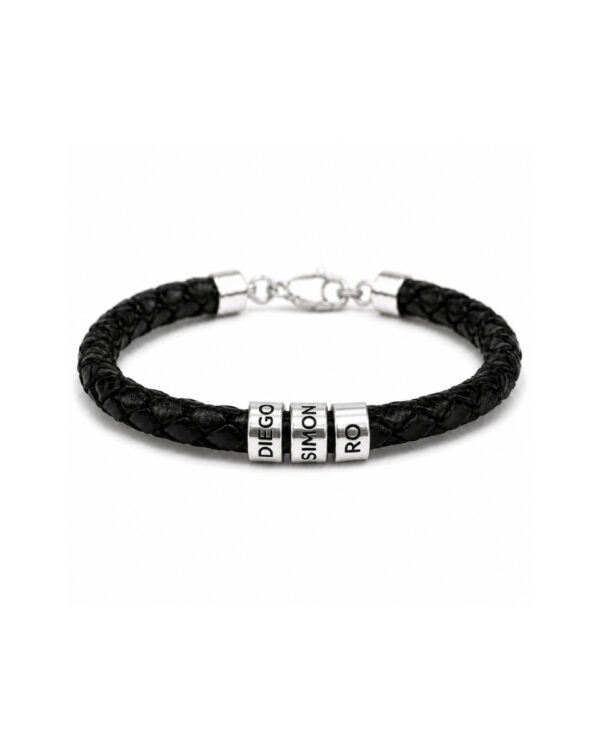 Pulsera Cuero Trenzado con anillas circulares en Plata 925